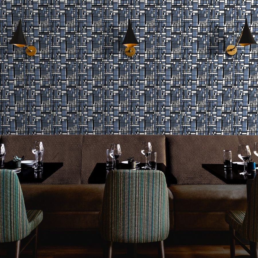 Slate Blue Modernist City Blocks Geometric Pattern Wallpaper structured layout wallpaper