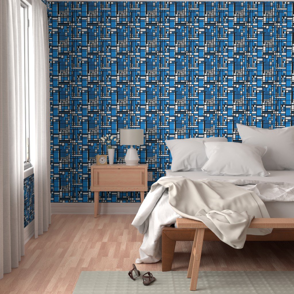 Cyan Blue Modernist City Blocks Geometric Pattern Wallpaper structured layout wallpaper