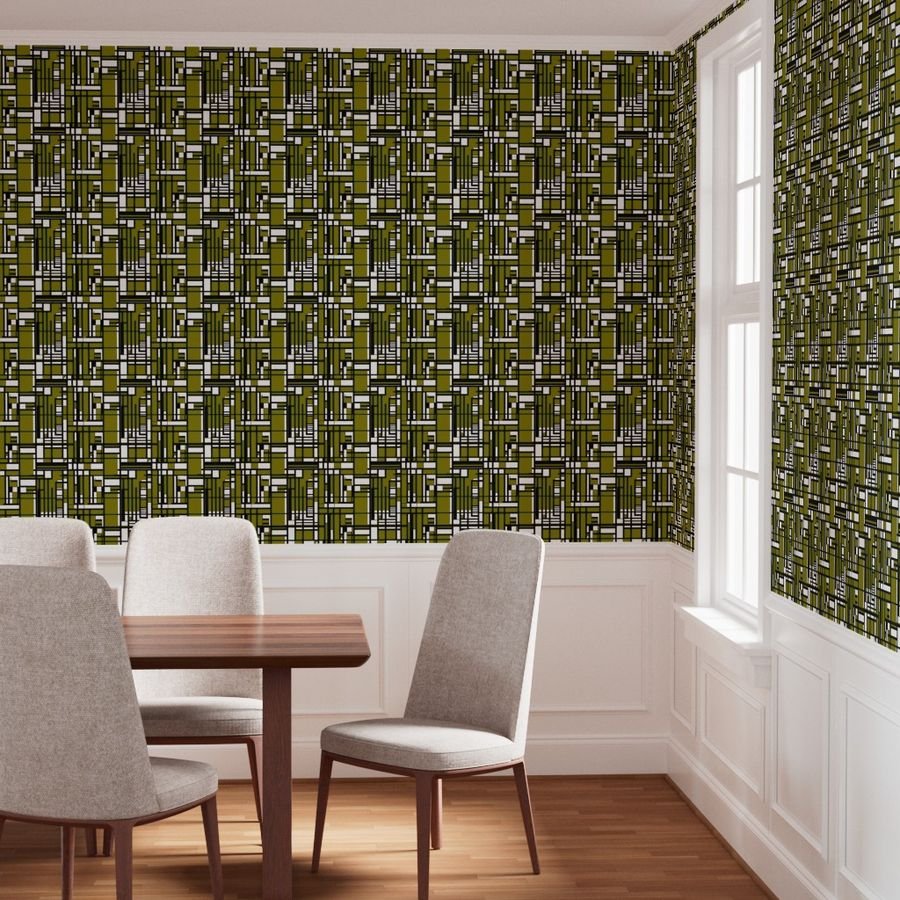Olive Green Modernist City Blocks Geometric Pattern Wallpaper structured layout wallpaper