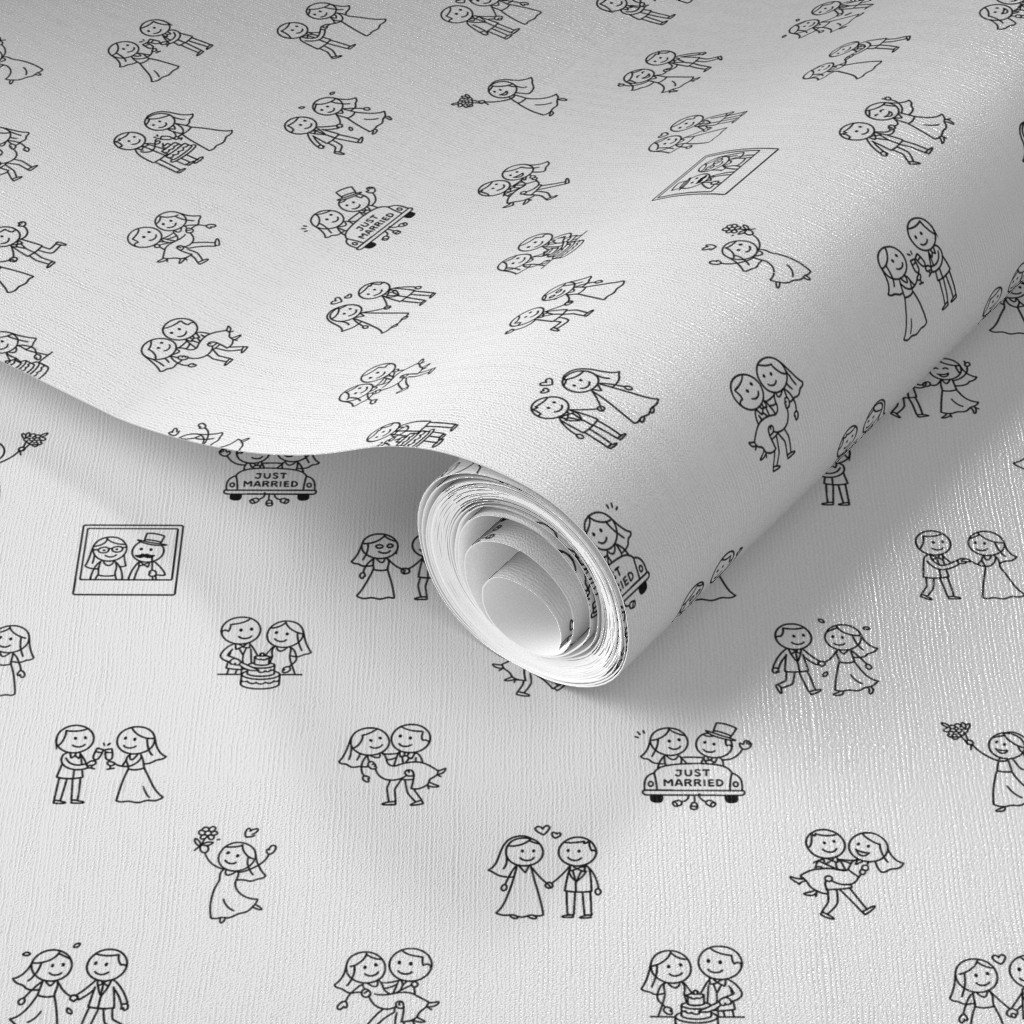 Just Married Fun Stick Figure Wedding Pattern in Black on White Wallpaper hand drawn wallpaper