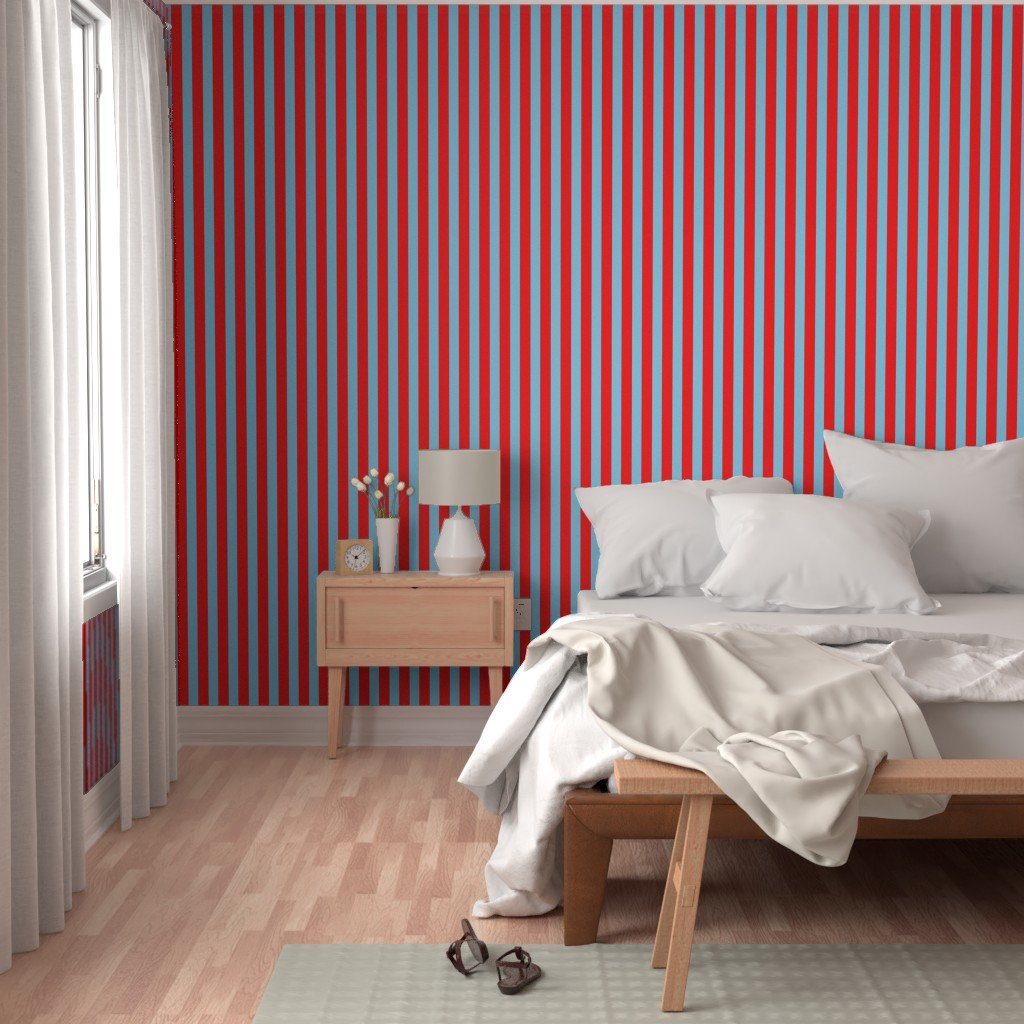 Bold Coastal Classic Red and Sky Blue Cabana Tent Stripe Wallpaper bright wallpaper