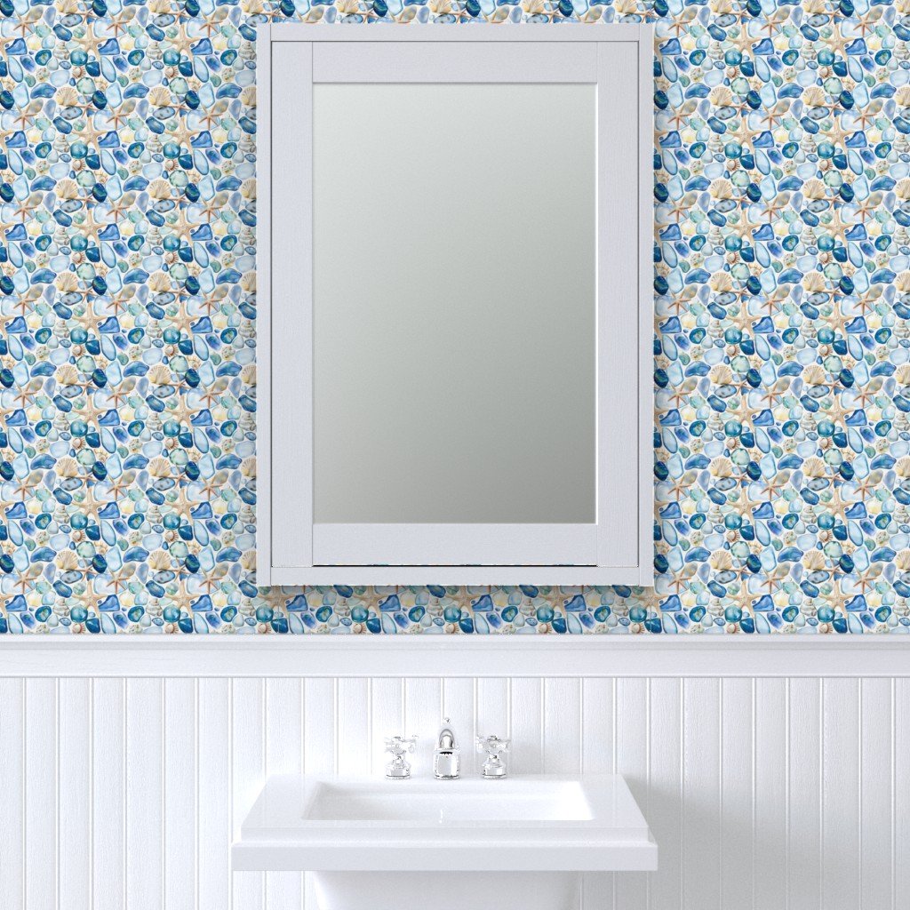 Watercolor Sea Glass Shells and Starfish Coastal Pattern in Ocean Wallpaper blue wallpaper