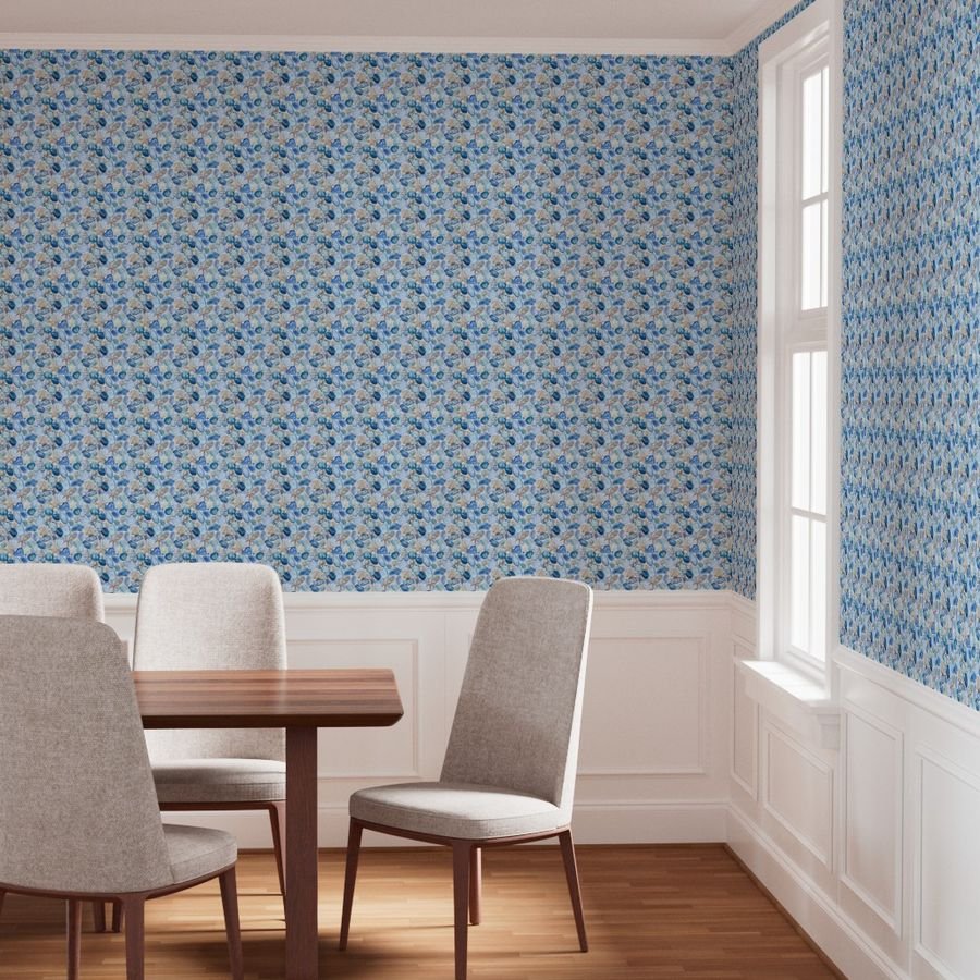 Watercolor Sea Glass Shells and Starfish Coastal Pattern in Seafoam Wallpaper blue wallpaper