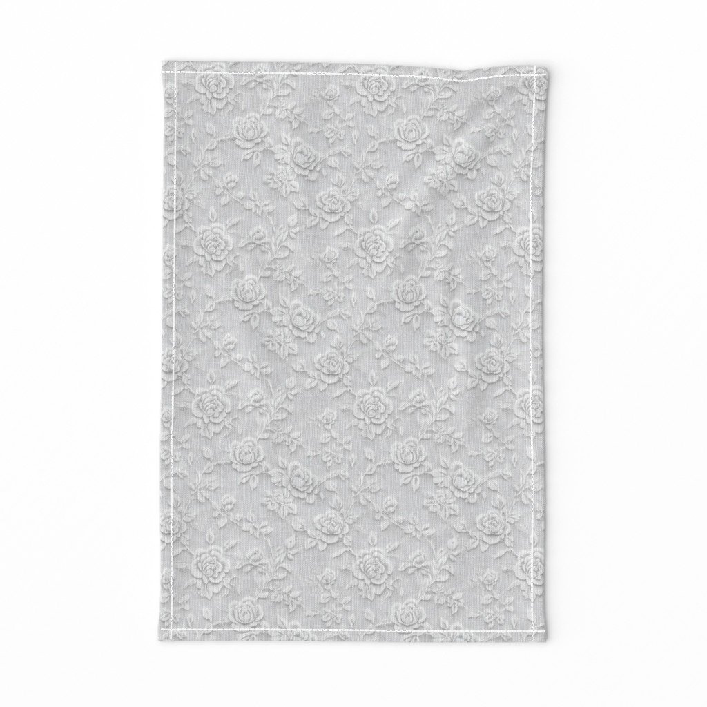 Tea Towel in Vintage Lace Rose Floral Pattern in Soft White