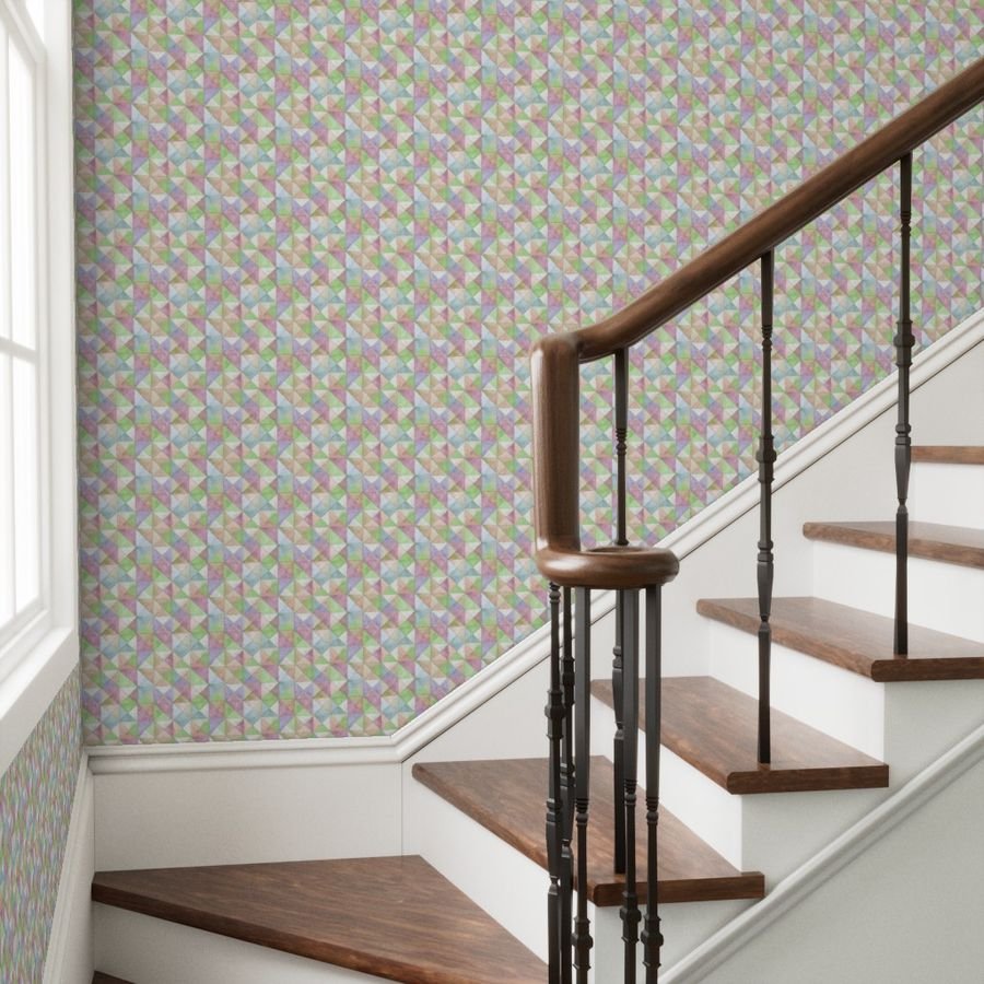 Soft Watercolor Quilted Patchwork Triangles in Spring Green and Wallpaper soft colors wallpaper