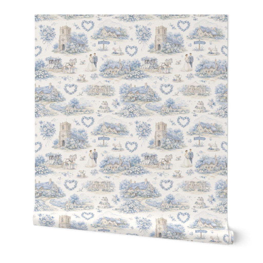 Blue English Village Wedding Toile Watercolor Pattern Wallpaper bridal shower wallpaper
