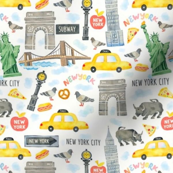 New York City Watercolor Motifs with Empire State and Statue of Liberty Home Decor Collection Interior Collection city icons fabric design