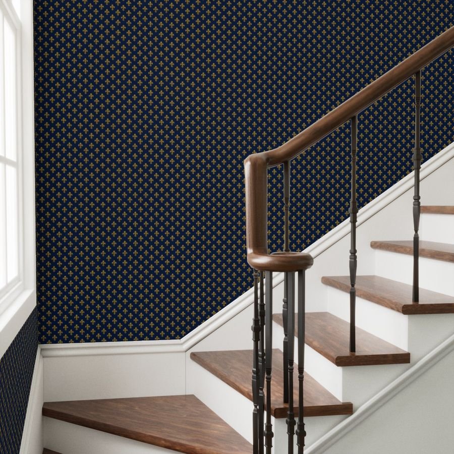 Small Royal French Fleur de Lis Gold on Deep Bourbon Blue Pattern Wallpaper gold pattern wallpaper