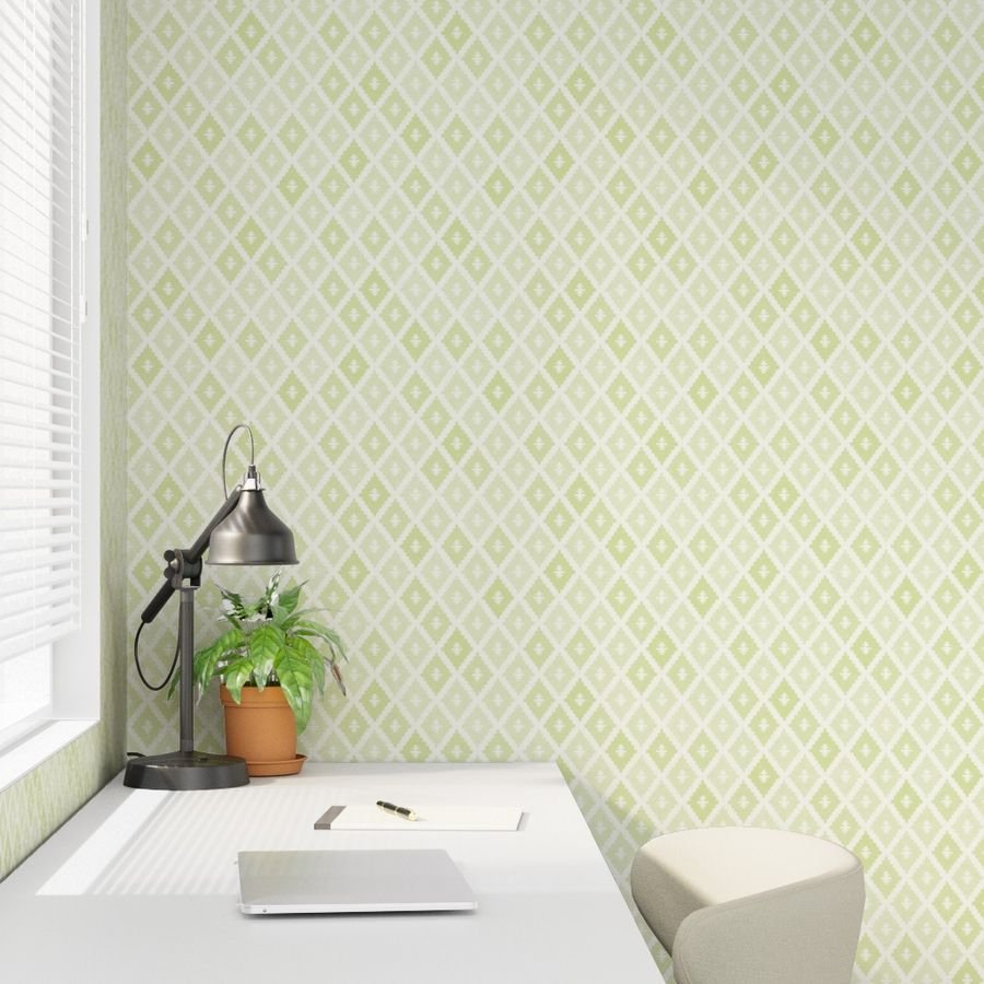 Small Sun Faded Mediterranean Diamond Pattern in Lime Sage Green Interior Collection Design Collection lime wash wallpaper