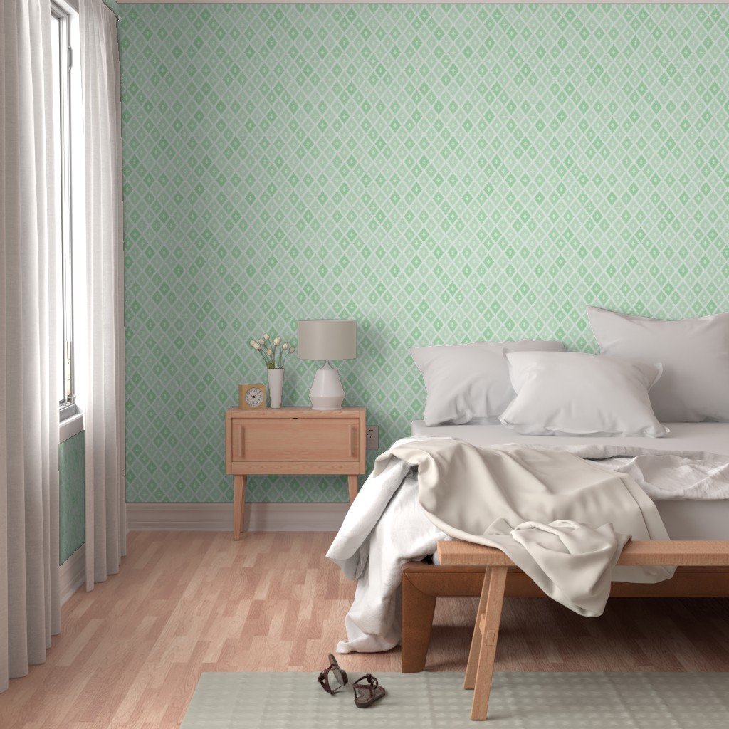 Small Sun Faded Mediterranean Diamond Pattern in Seafoam Mint Green Design Collection Interior Collection pale mint wallpaper
