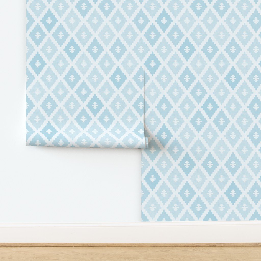 Large Sun Faded Mediterranean Diamond Pattern in Powder Sky Blue Home Styling Collection Home Decor Collection pastel blue wallpaper