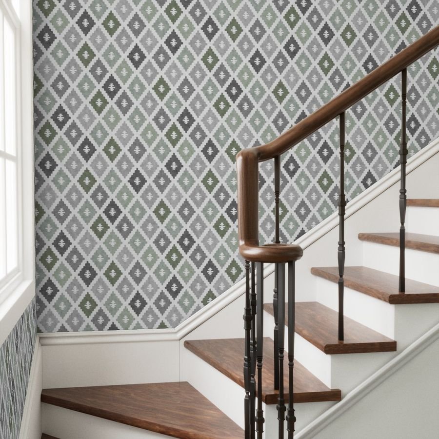 Large Weathered Sage Green Diamond Pattern in Charcoal Gray Interior Collection Decor Collection cool tone wallpaper