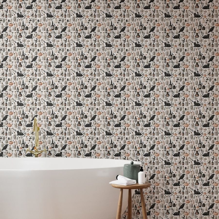 Vintage Halloween Apothecary Bottles with Black Cats Pumpkins and Wallpaper apothecary wallpaper