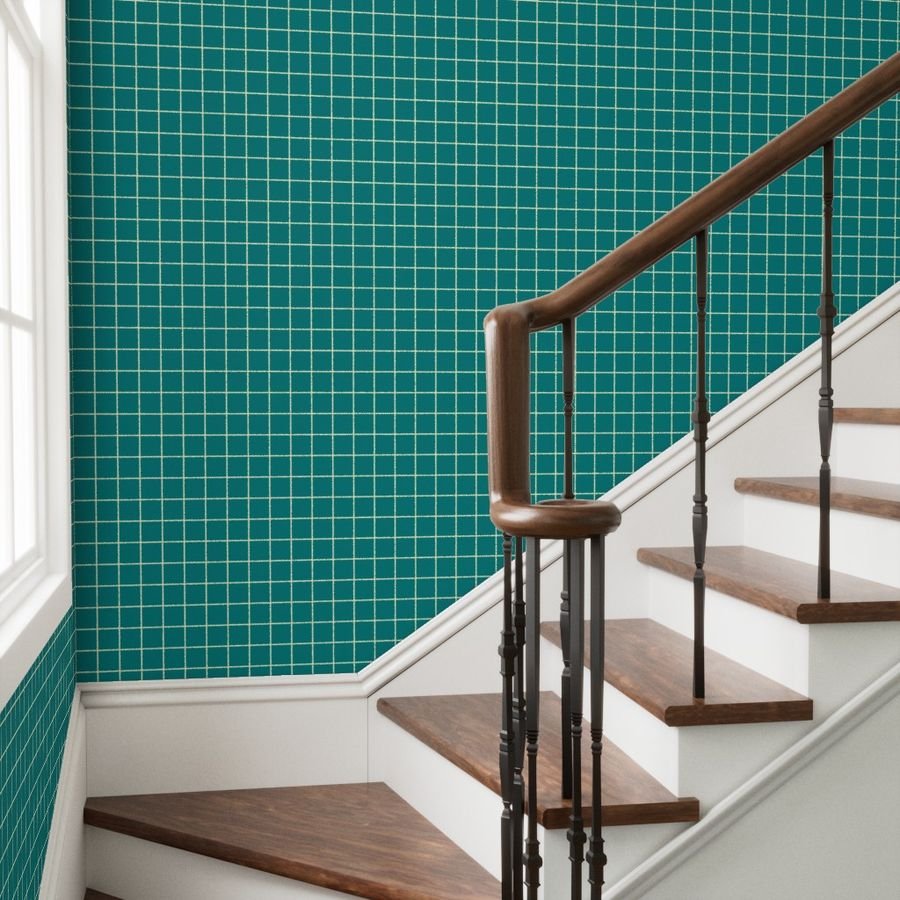 Classic Cream White and Teal 2 Inch Grid Interior Collection Home Styling Collection 2 inch geometric wallpaper
