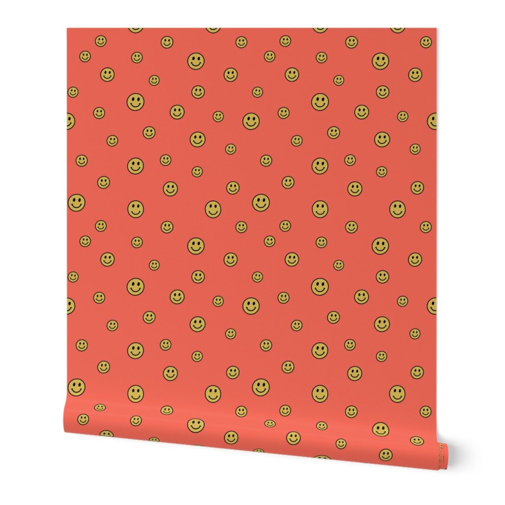 Retro Yellow Smiley Faces on Coral Decor Collection Design Collection dopamine decor wallpaper