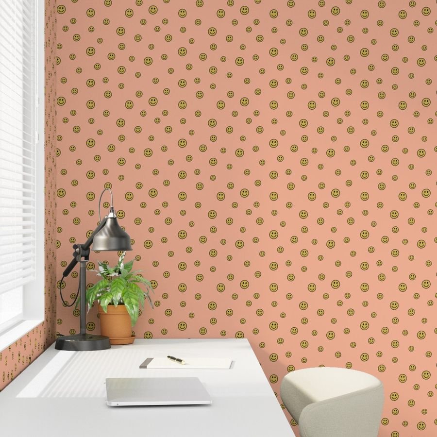 Retro Yellow Smiley Faces on Peach Interior Collection Decor Collection happy faces wallpaper