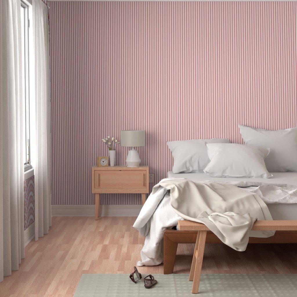 Mattress Ticking Narrow Striped Pattern in Red and White Wallpaper vertical stripe wallpaper
