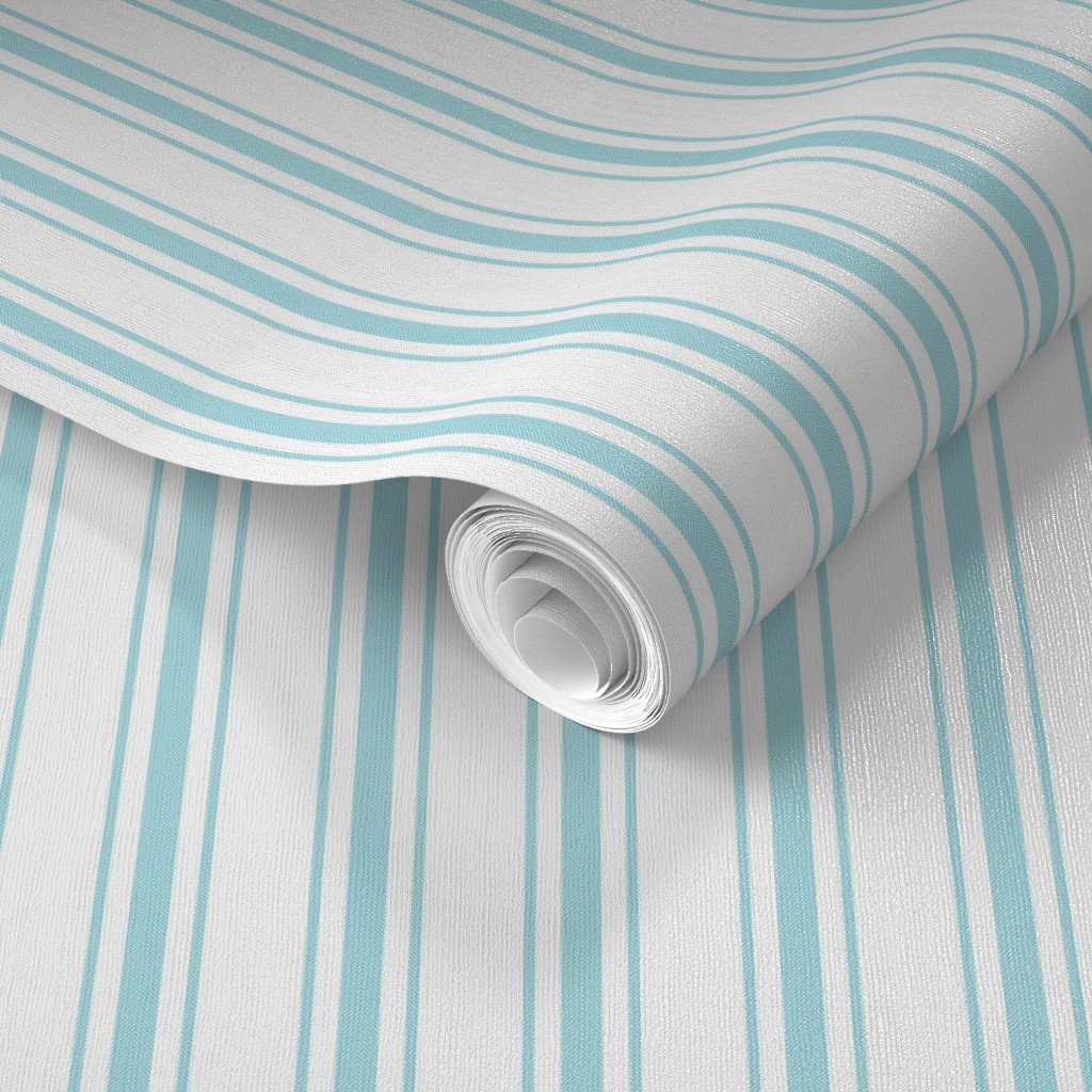 Pale Sky Blue and White Striped Mattress Ticking Wallpaper striped pattern wallpaper