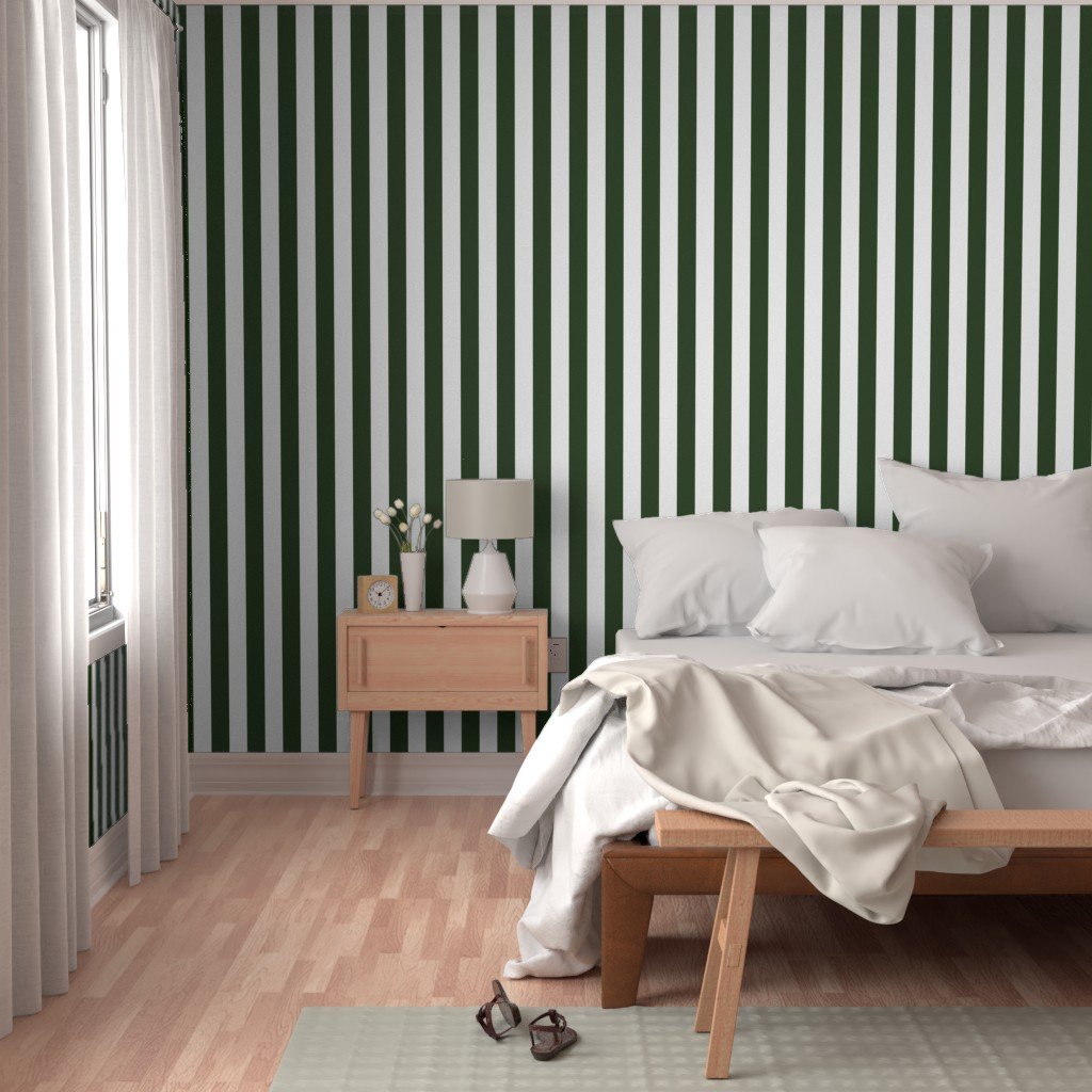 Forest Green and White Wide 2-inch Cabana Tent Vertical Stripes Wallpaper wide stripe wallpaper