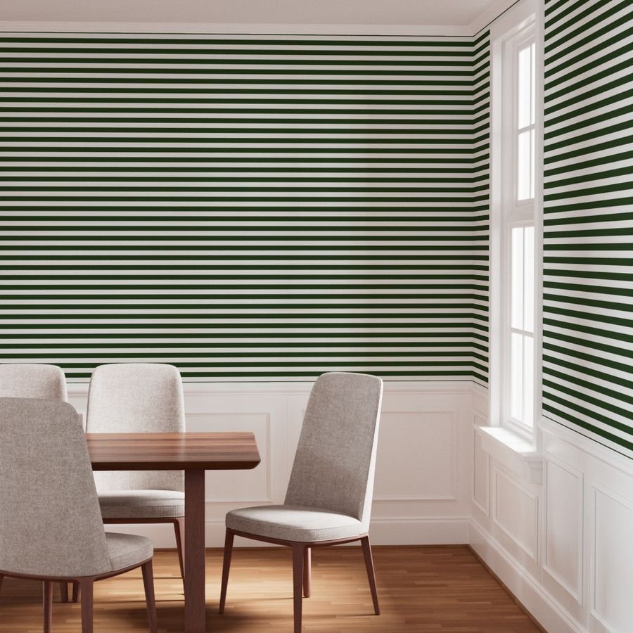 Forest Green and White Big 1-inch Beach Hut Horizontal Stripes Wallpaper forest green white wallpaper