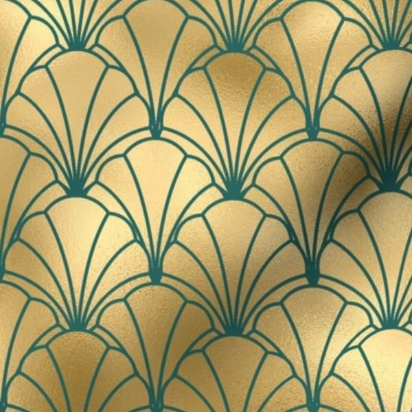 Teal and Faux Gold Foil Vintage Art Deco Scallop Shell Pattern Home Decor Collection Design Collection art deco fabric design