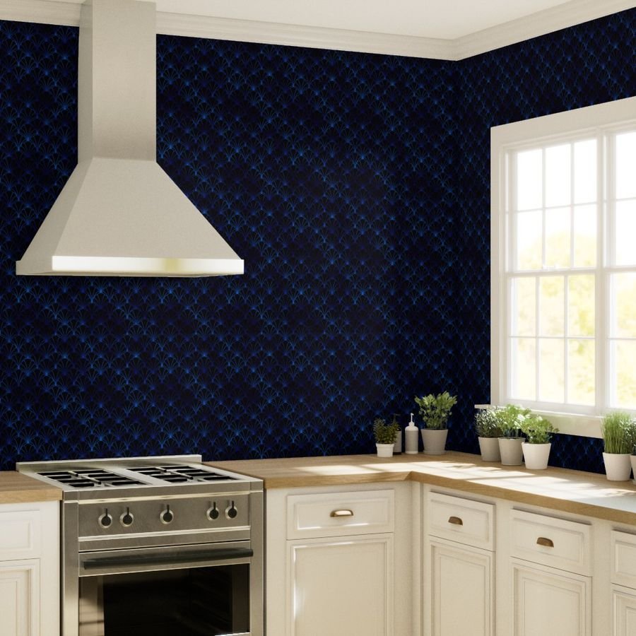 Scallop Shells in Black and Classic Blue Art Deco Vintage Faux Foil Wallpaper black wallpaper