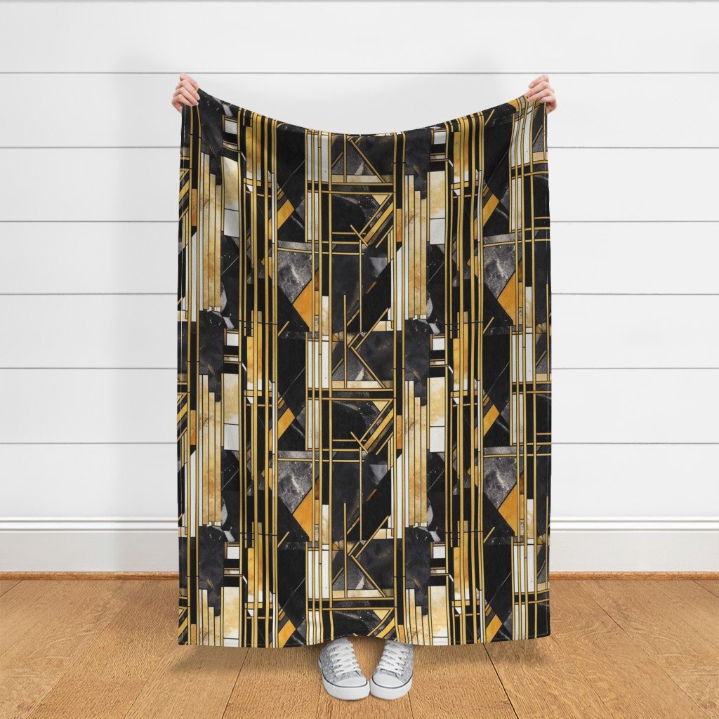 De Stijl black and gold artdeco watercolor Fabric abstract art fabric