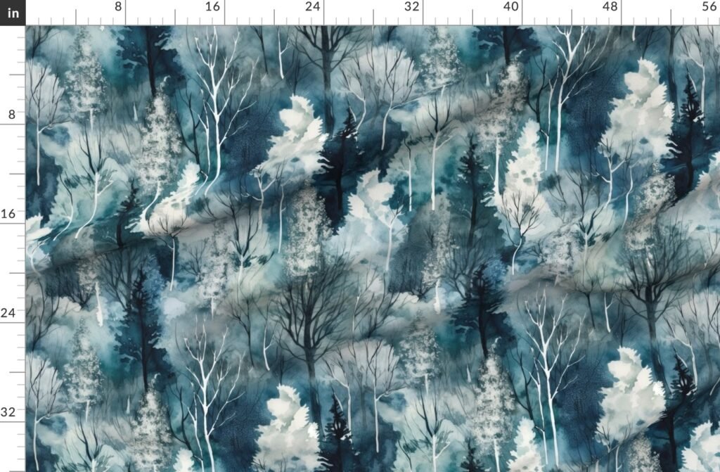 Endless Winter Forest Dreamscape Trees in Misty Forest Fabric design