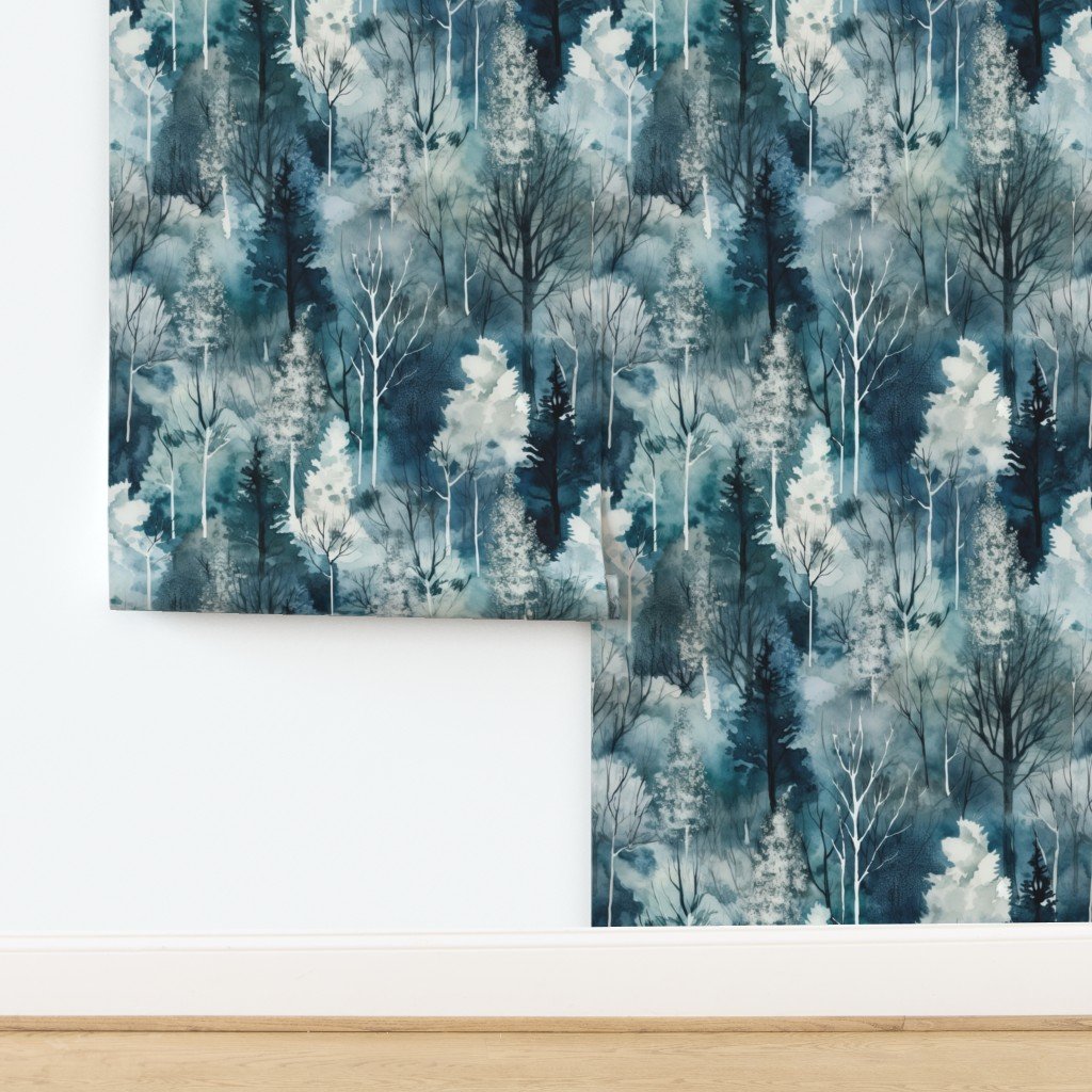Endless Winter Forest Dreamscape Trees in Misty Forest Wallpaper design