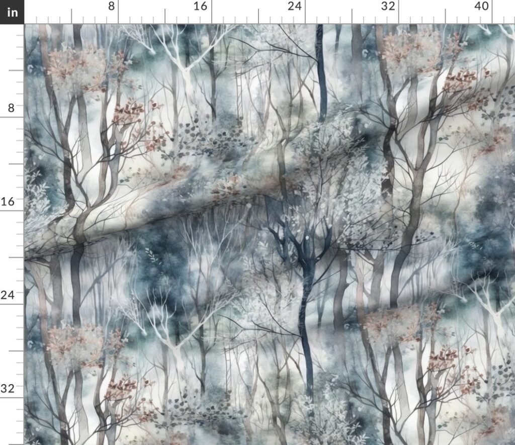 Endless Winter Forest Dreamscape Trees in Misty Forest Fabric design