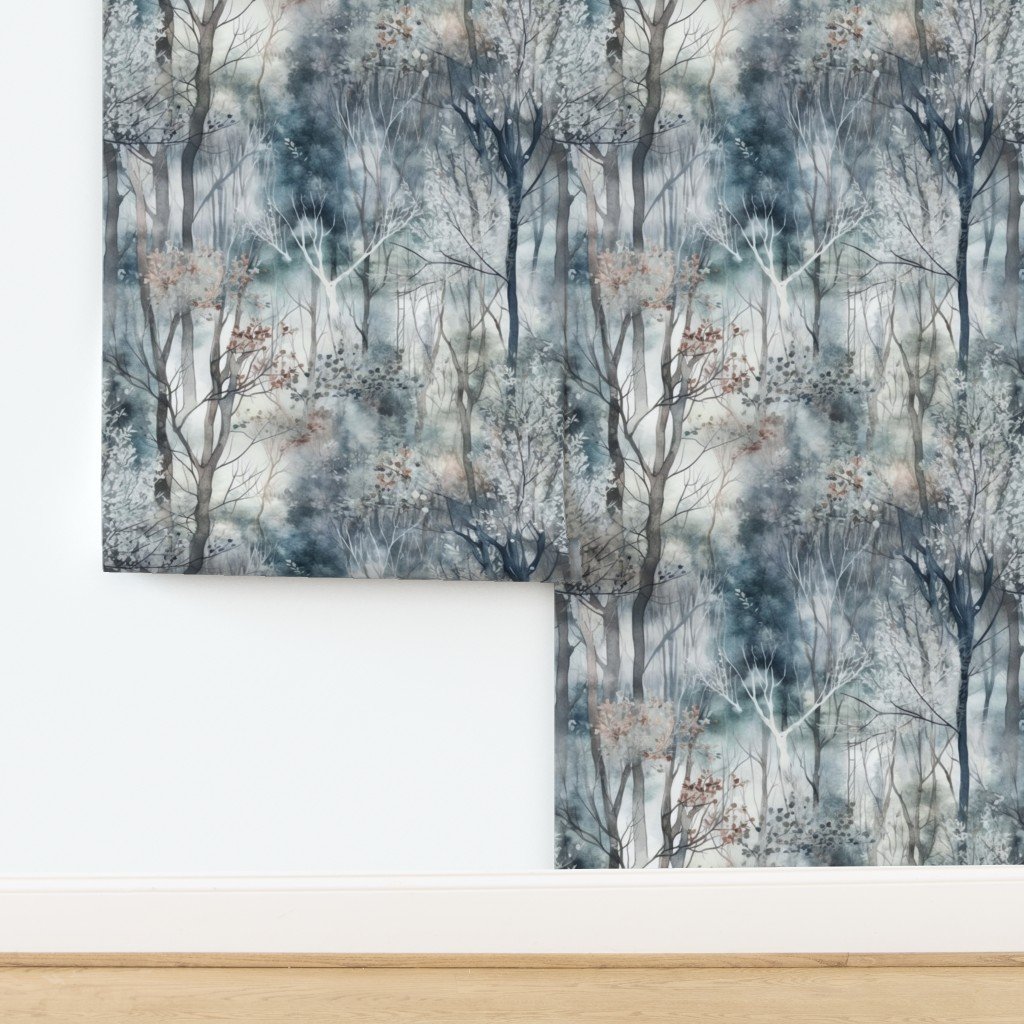 Endless Winter Forest Dreamscape Trees in Misty Forest Wallpaper design