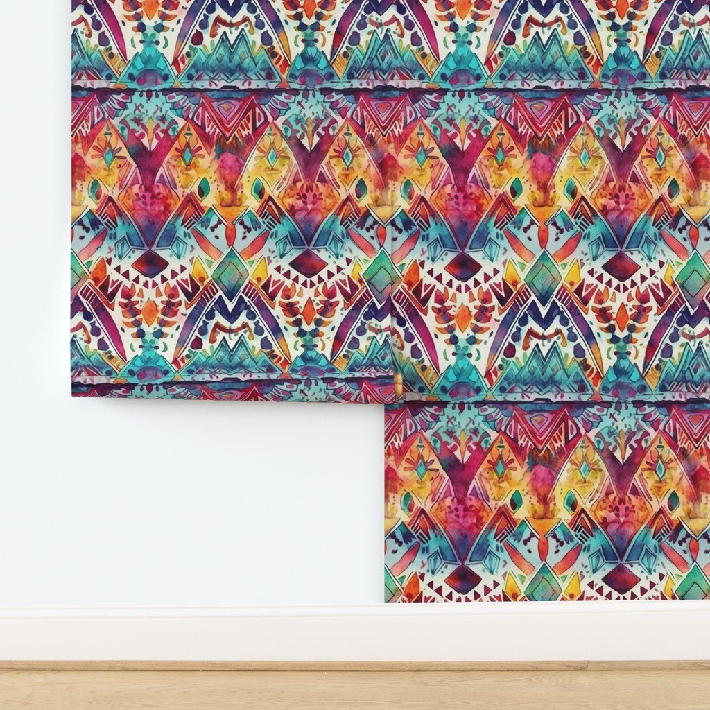 Bright Watercolor Aztec Geometric Pattern Wallpaper design