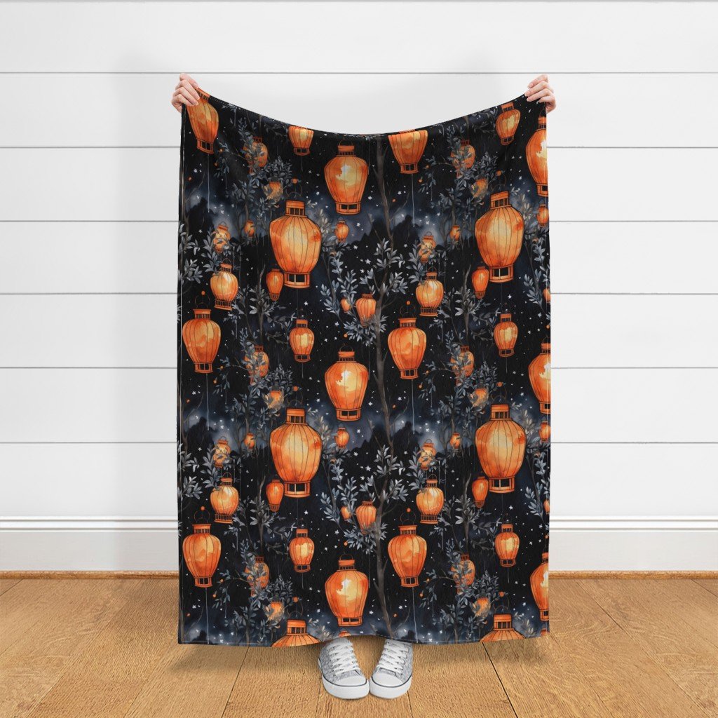 Orange Glowing Chinese Paper Lanterns Watercolor Fabric chinese lanterns fabric
