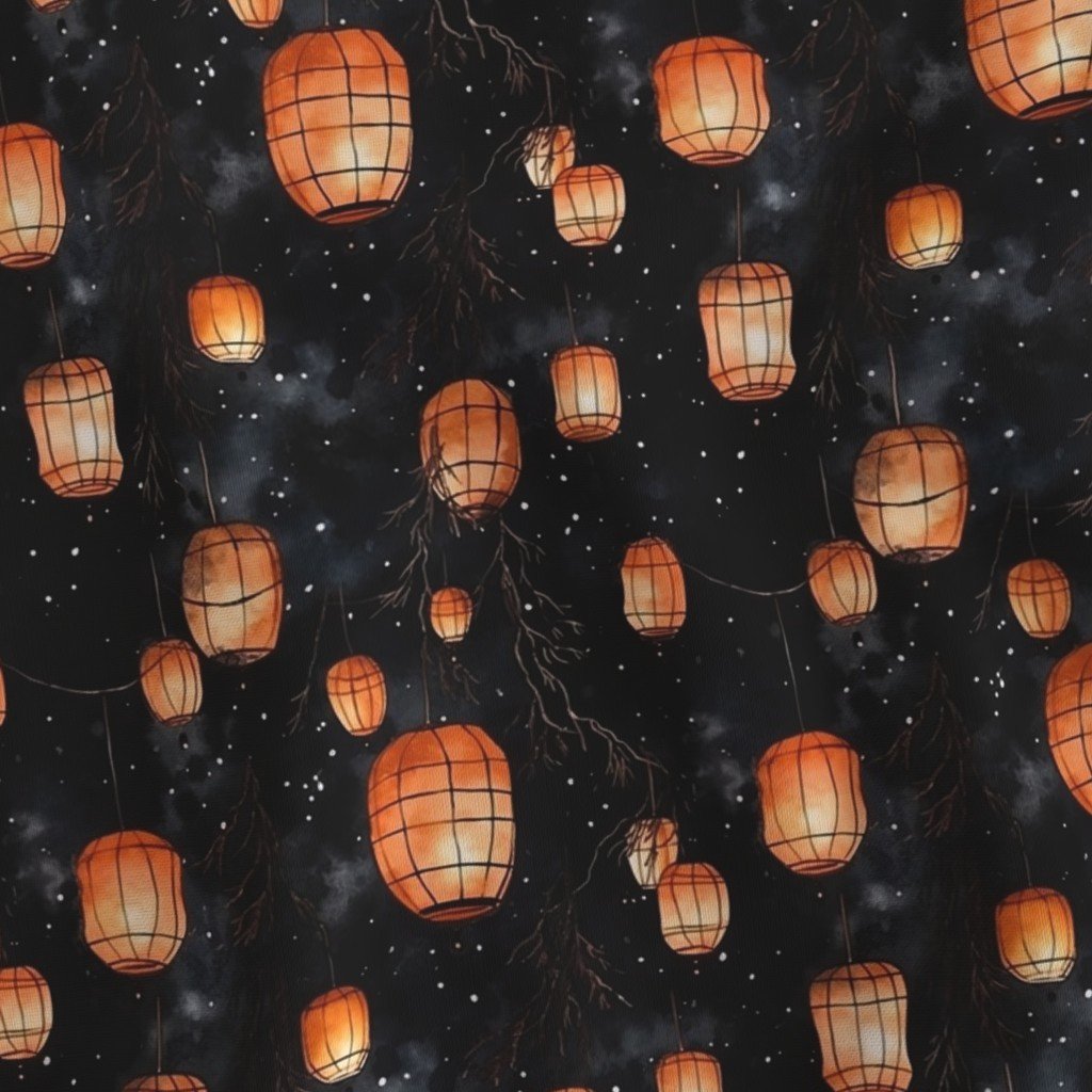 Small Orange Glowing Chinese Paper Lanterns Watercolor Fabric chinese lanterns fabric