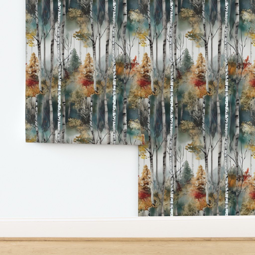 Endless Birch Tree Dreamscape Trees in Misty Forest Watercolor Wallpaper design