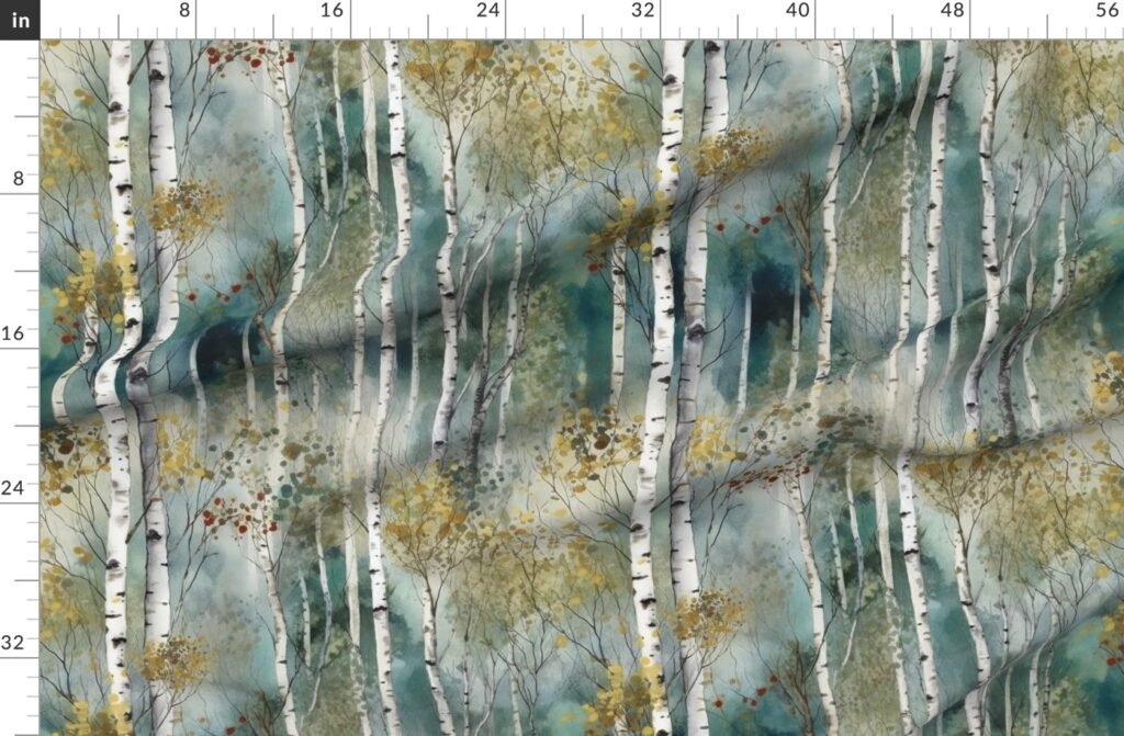 Endless Birch Tree Dreamscape Trees in Misty Forest Watercolor Fabric design