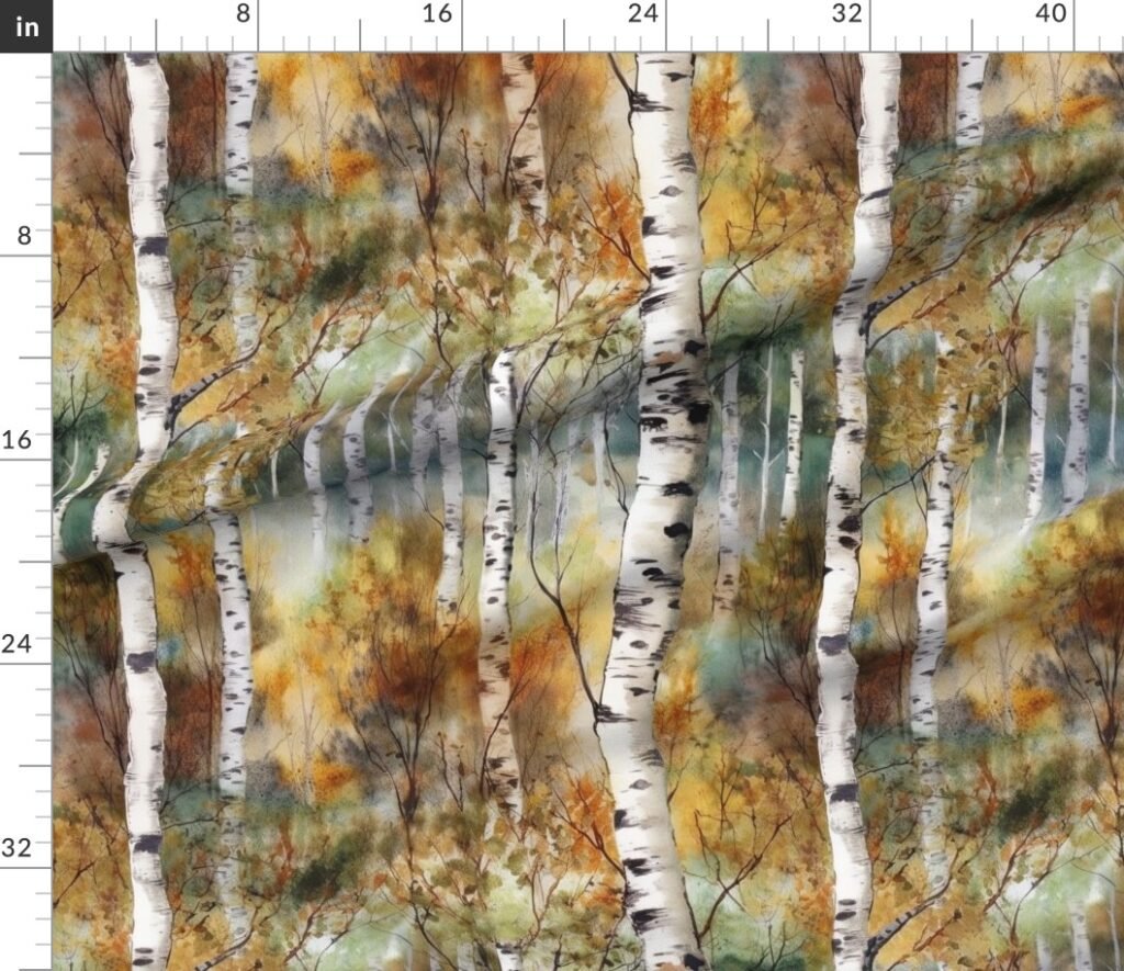 Endless Birch Tree Dreamscape Trees in Misty Forest Watercolor Fabric design