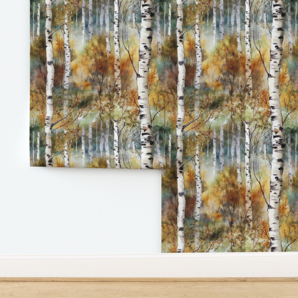 Endless Birch Tree Dreamscape Trees in Misty Forest Watercolor Wallpaper design