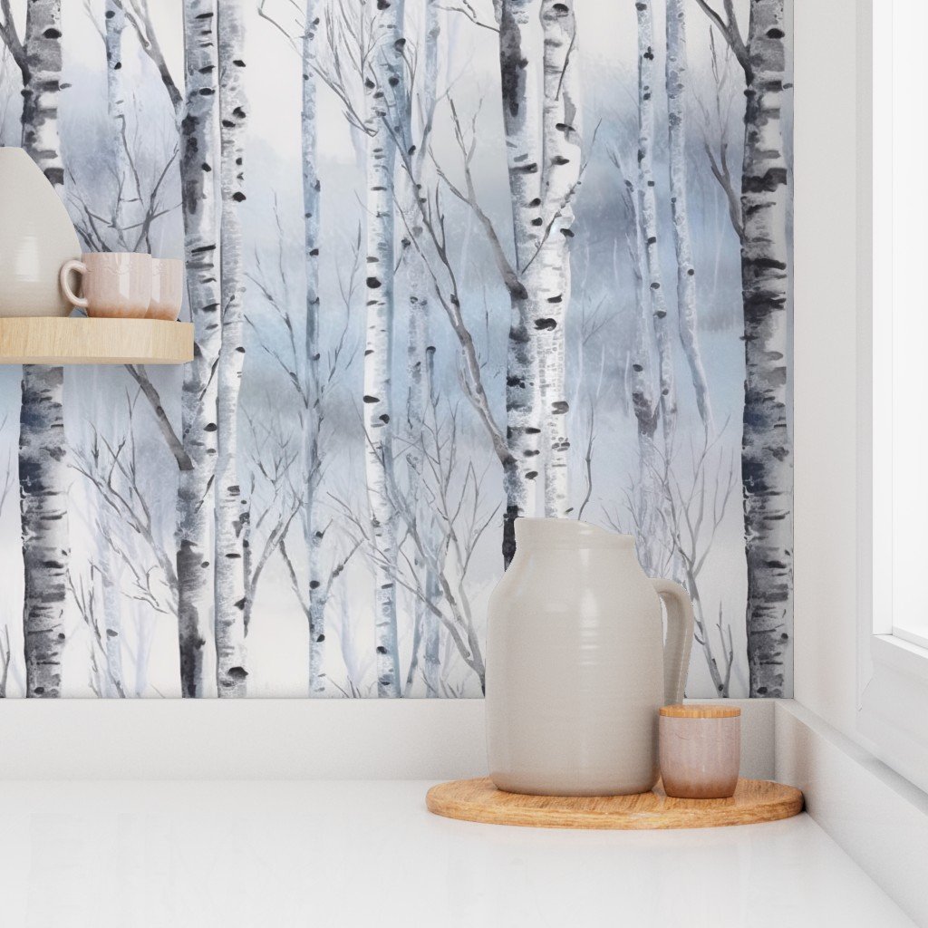 Endless Silver Birch Tree Dreamscape Trees in Misty Forest Watercolor birch bark wallpaper