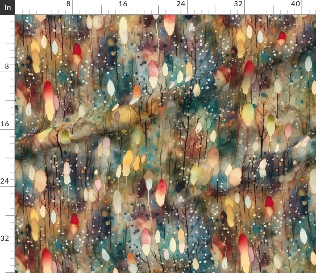 Watercolor Christmas Tree Farm with Christmas Lights Fabric design