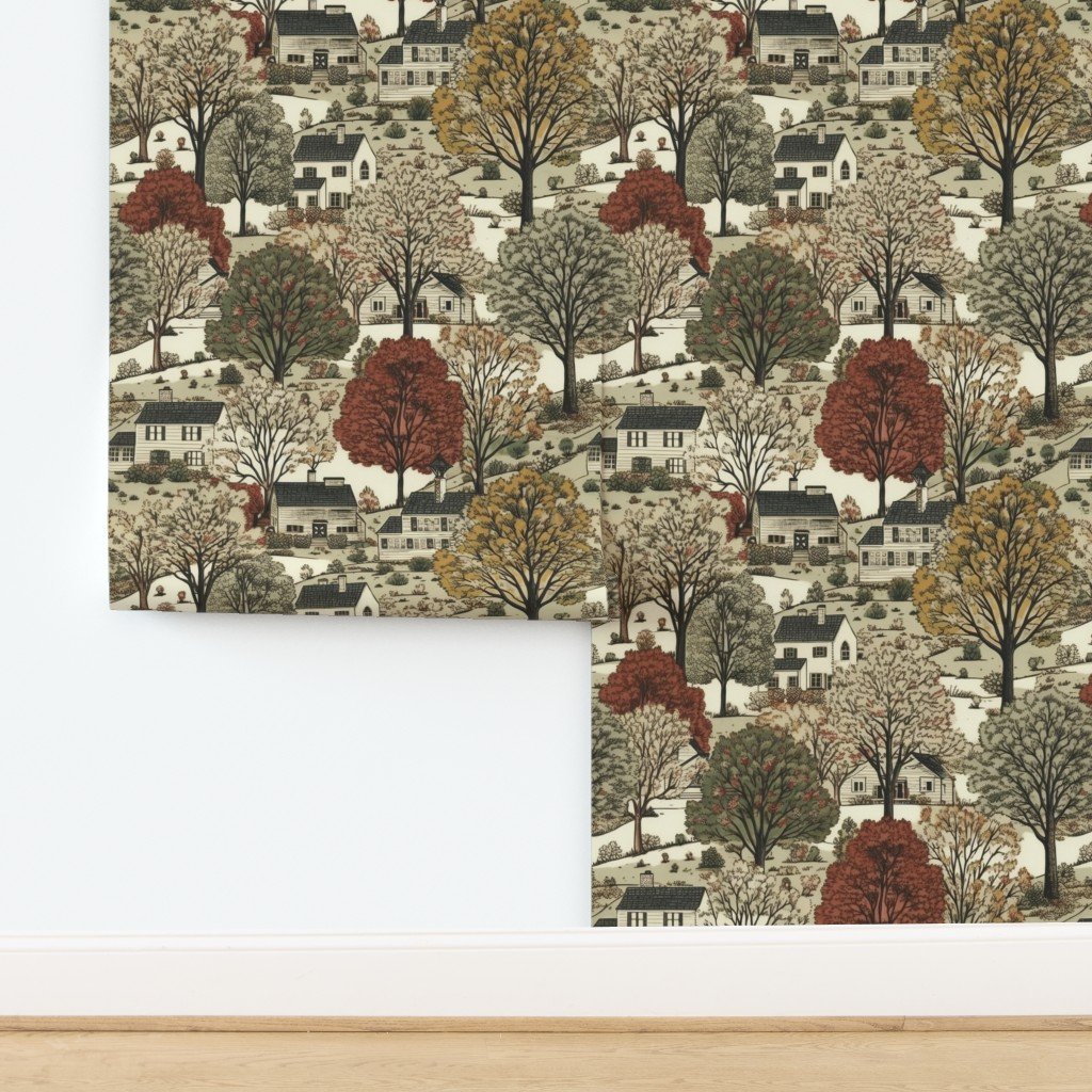 New England Village Houses with Trees in Muted Colors Design Collection design