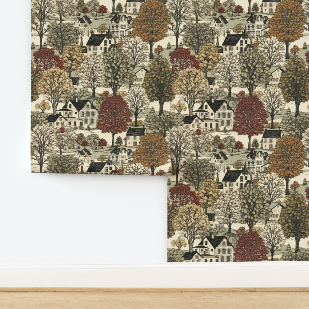 New England Village Houses with Trees in Muted Colors Home Styling Collection design