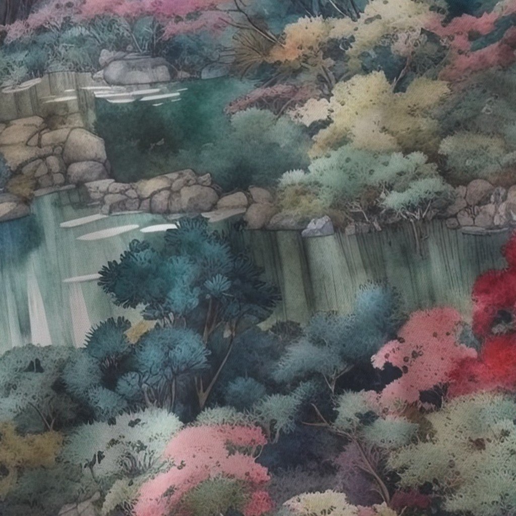 Japanese Water Garden Watercolor with Temples Fabric japanese gardens fabric