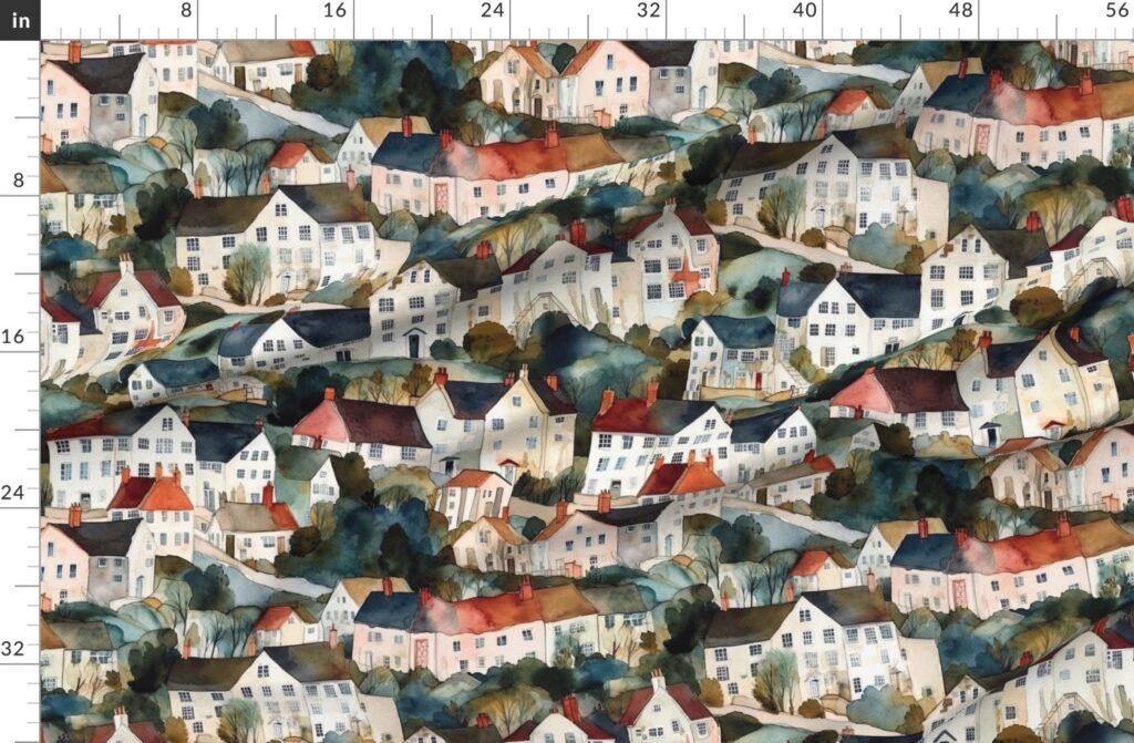 English Village Houses in Watercolor Fabric design