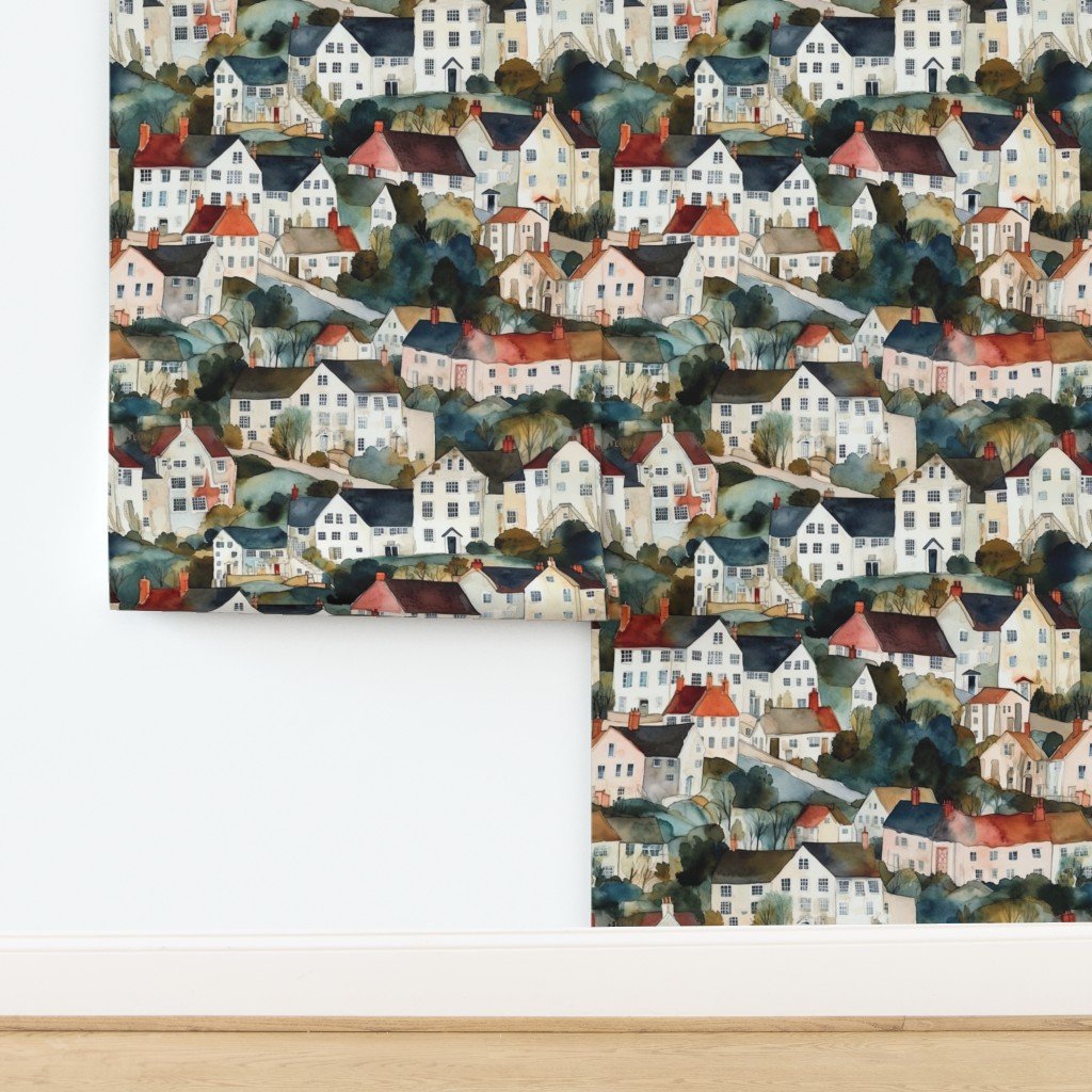 English Village Houses in Watercolor Wallpaper design
