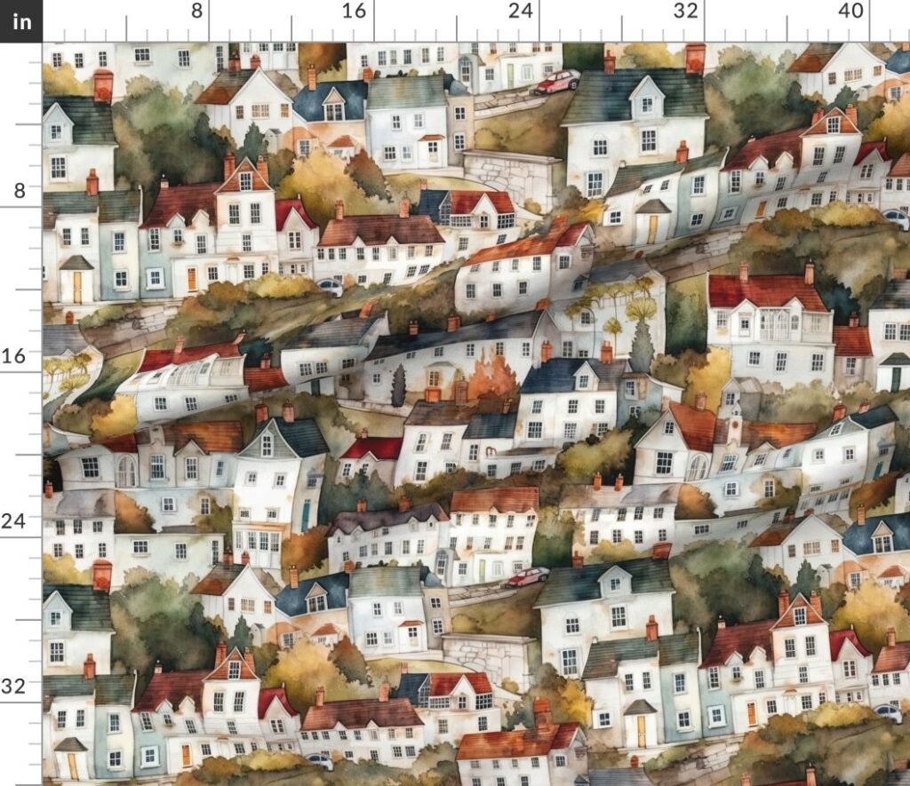 English Town Houses in Watercolor Fabric design