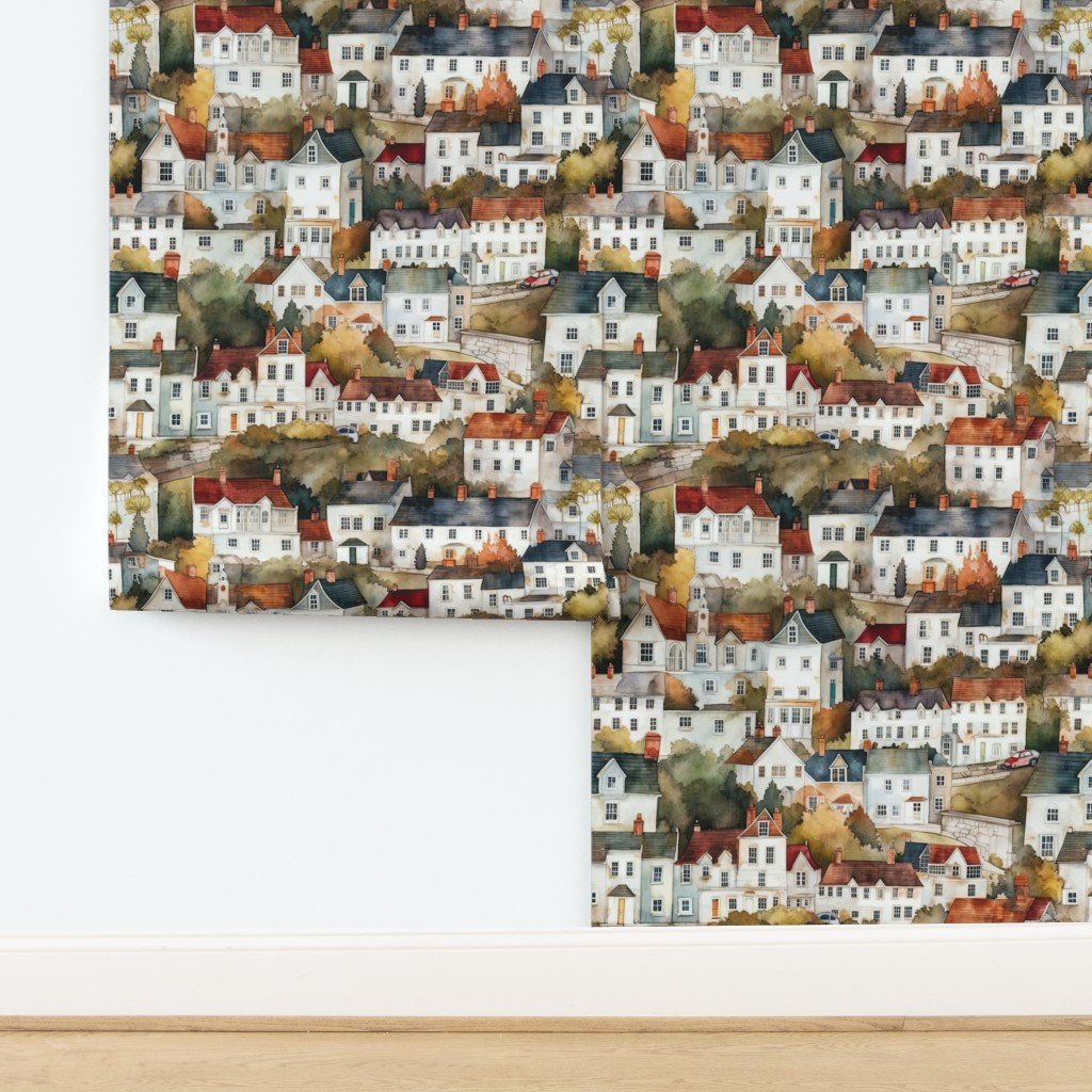 English Town Houses in Watercolor Wallpaper design