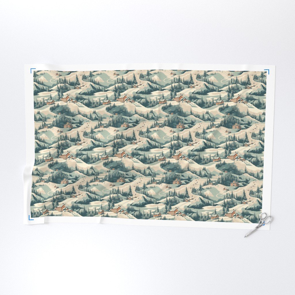 Small Vintage Ski Slope Cabins in Woods Blue Fabric ski print fabric
