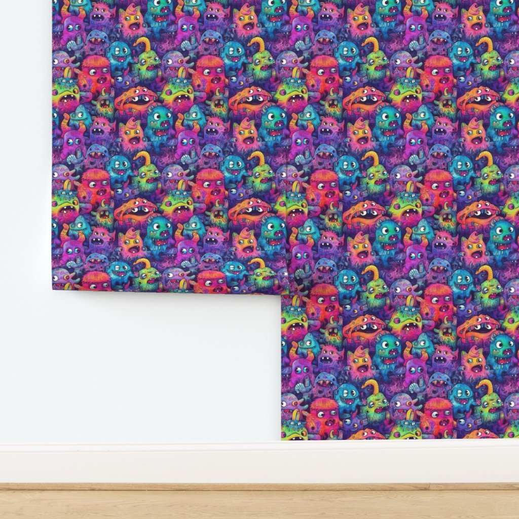 Cute Halloween Monster Watercolor Doodles in Bright Colors Wallpaper design