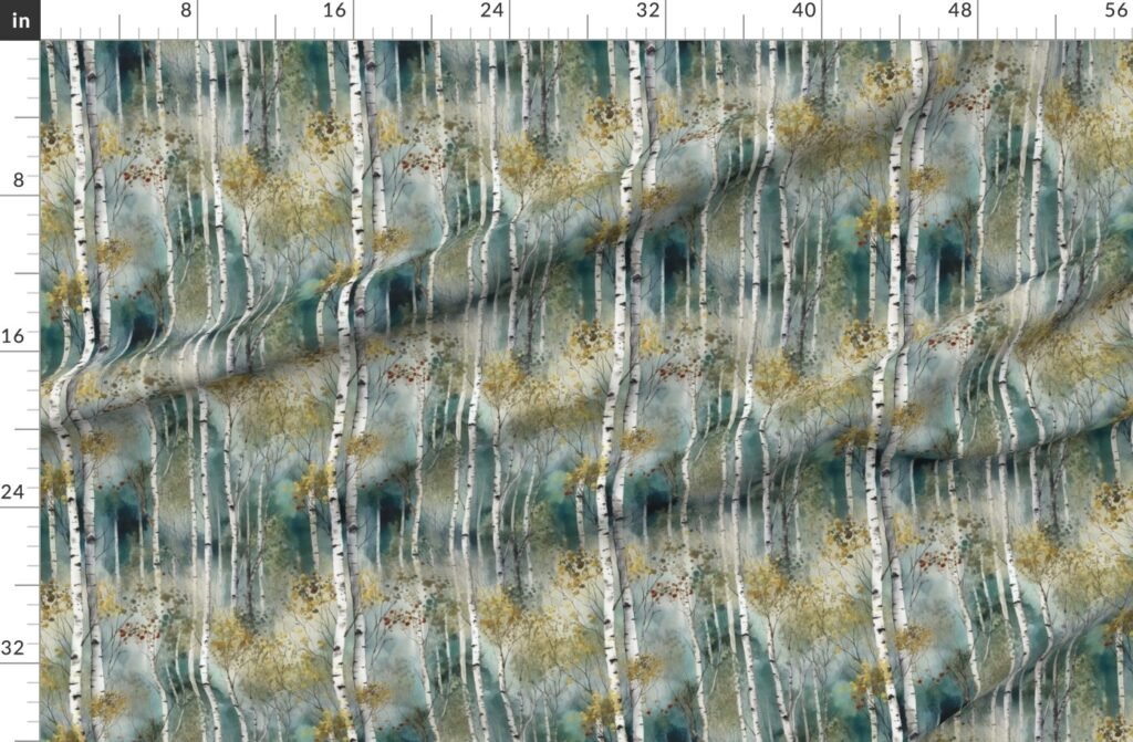 Smaller Endless Birch Tree Dreamscape Trees in Misty Forest Fabric design